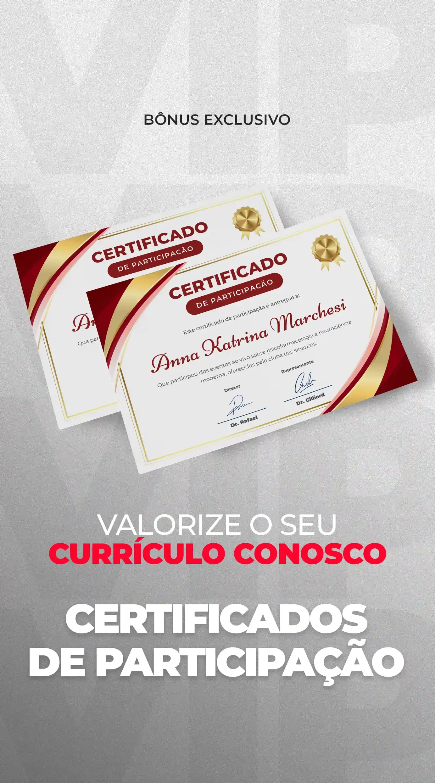 Certificação Semestral Valorize seu currículo com certificados oficiais emitidos a cada semestre. O documento comprova sua carga horária de dedicação e estudos, exigindo apenas 80% de presença (seja ao vivo ou assistindo às gravações).