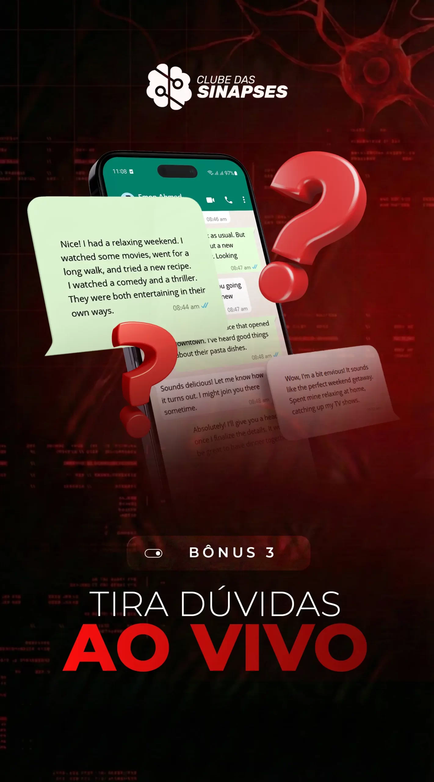 Tira-Dúvidas Ao Vivo Não leve perguntas para casa. Após a aula expositiva, abrimos um espaço exclusivo para você interagir diretamente com os professores, transformando suas dúvidas em novas sinapses e aprendendo com as questões da comunidade.